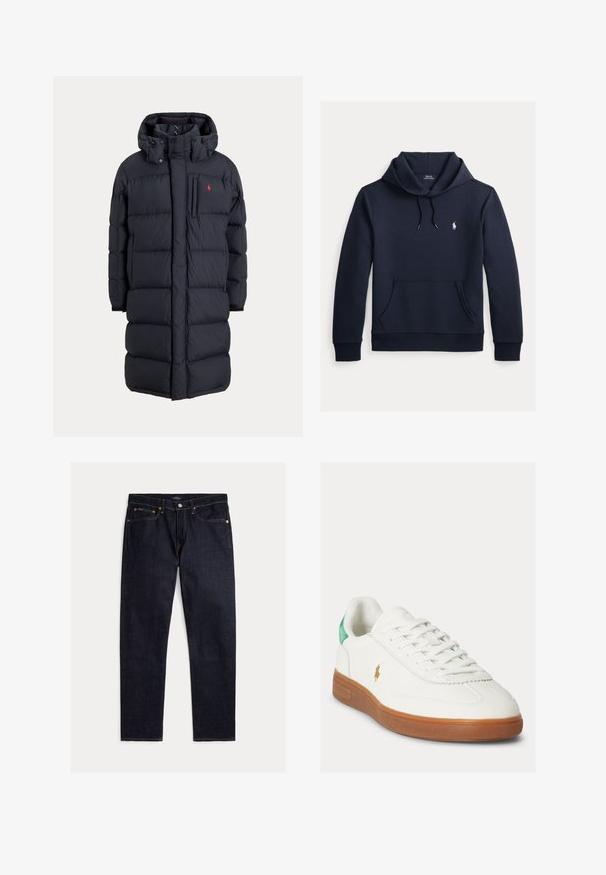 Lange zwarte gewatteerde winterjas met capuchon, voorzakken, verticale ritssluiting op de borstzak en een klein rood logo op de linkerborst.; Donker marineblauwe hoodie met voorkangoeroezak, capuchon met trekkoord, lange mouwen en klein wit Polo Ralph Lauren-logo op de borst.; Donker indigoblauwe rechte jeans met vijf zakken, knoop- en ritsluiting en contrasterende oranje stiksels op een effen achtergrond.; Witte sneaker met veters, bruine rubberen zool, groene hieltab en klein goudkleurig polo-spelerlogo aan de buitenkant.