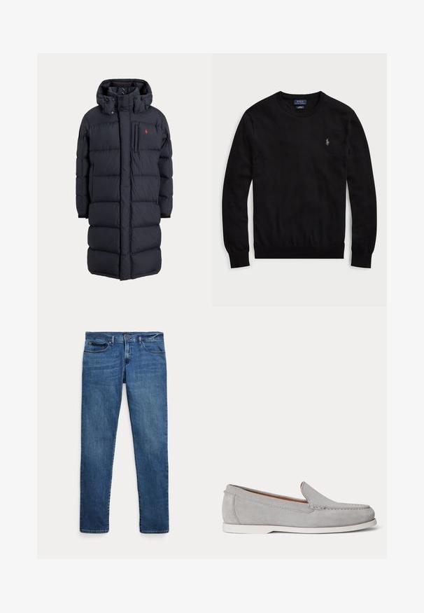 Lange zwarte gewatteerde winterjas met capuchon, voorzakken, verticale ritssluiting op de borstzak en een klein rood logo op de linkerborst.; Zwarte trui met lange mouwen en ronde hals met klein Polo Ralph Lauren-logo geborduurd op de linkerborst.; Blauwe denim jeans met een slim fit, voorzien van voorkantzakken, riemlussen en een knoopsluiting op een witte achtergrond.; Lichtgrijze suède instapper met witte zool, zichtbare stiksels en een lage hak, zij-aanzicht op een witte achtergrond.