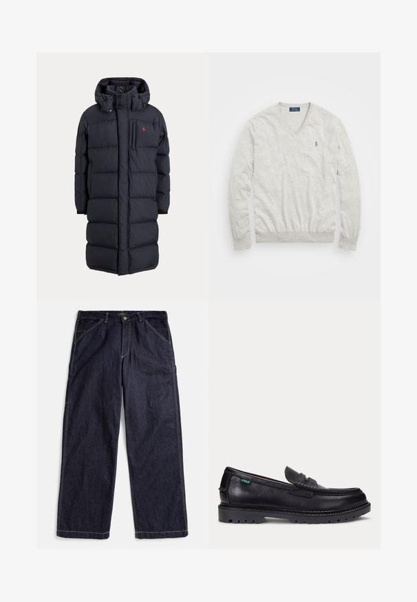 Abrigo de invierno largo negro acolchado con capucha, bolsillos frontales, bolsillo vertical con cremallera en el pecho y pequeño logo rojo en el pecho izquierdo.; Jersey de cuello en V de manga larga color gris claro con el pequeño logo de Polo Ralph Lauren bordado en el pecho izquierdo.; Vaqueros azul oscuro de pierna recta con costuras en contraste, trabillas para cinturón y bolsillos delanteros, extendidos sobre un fondo blanco.; Mocasín de cuero negro con suela gruesa estriada y pequeña etiqueta verde "Polo" en el lado exterior cerca del talón.