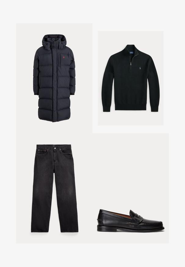 Abrigo de invierno largo negro acolchado con capucha, bolsillos frontales, bolsillo vertical con cremallera en el pecho y pequeño logo rojo en el pecho izquierdo.; Jersey negro de punto de manga larga con cremallera hasta el pecho y pequeño logo de caballo bordado en el pecho izquierdo.; Vaqueros negros de corte recto con cinco bolsillos, cierre de botón y remaches metálicos visibles en los bolsillos delanteros.; Mocasín negro de cuero con tacón bajo y detalle de correa para moneda, mostrado de lado sobre un fondo gris claro.