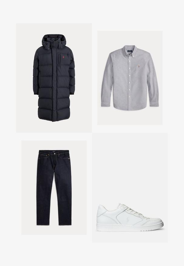 Abrigo de invierno largo negro acolchado con capucha, bolsillos frontales, bolsillo vertical con cremallera en el pecho y pequeño logo rojo en el pecho izquierdo.; Camisa Polo Ralph Lauren de manga larga en gris claro, con botones, cuello y pequeño logo bordado en el pecho izquierdo.; Vaqueros rectos de índigo oscuro con cinco bolsillos, cierre de botón y cremallera, y costuras naranjas en contraste sobre un fondo liso.; Zapatilla de cuero blanca con textura suave, que presenta una puntera perforada, cierre de cordones y logo bordado en el lateral. Suela de goma blanca.