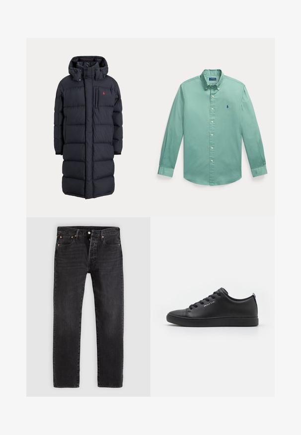 Lange zwarte gewatteerde winterjas met capuchon, voorzakken, verticale ritssluiting op de borstzak en een klein rood logo op de linkerborst.; Lichtgroen overhemd met lange mouwen, knopen, button-down kraag en klein geborduurd logo op de linkerborst.; Zwarte denim jeans met een rechte pasvorm, voorzien van twee voorzakken, een muntenzakje en metalen klinknagels. Klassiek ontwerp met vijf zakken.; Zwarte leren sneaker met een gladde textuur, ronde neus, platte rubberen zool en contrasterende logo-accenten aan de zijkant en hiel.