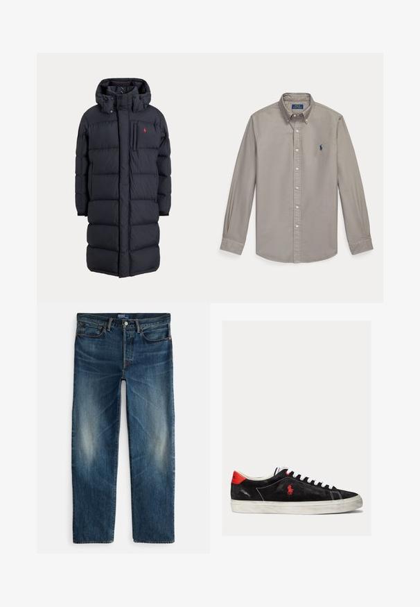 Pikk must polsterdatud talvejope kapuutsiga, esikotid, vertikaalne lukuga rinnatasku ja väike punane logo vasakul rinnal.; Helehall pikkade varrukatega nööpidega särk kraega ja sinise Polo Ralph Lauren tikitud logoga vasakul rinnal.; Indigo siniste teksapüksid, millel on sirge sääre disain, viie taskuga stiil ja õrn tuhmumine reitel. Metallist nööp ja tõmblukk.; Mustmustest mustad valged paelad, punased aktsendid kanna juures ja väike punane logo. Omab lame kummitalda ja lihtsat õmblust.
