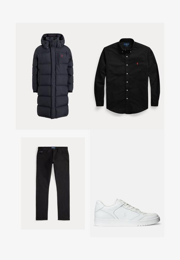 Lange zwarte gewatteerde winterjas met capuchon, voorzakken, verticale ritssluiting op de borstzak en een klein rood logo op de linkerborst.; Zwart overhemd met lange mouwen, witte knopen en een klein rood geborduurd logo op de linkerborst.; Zwarte denim jeans met een slim fit, voorzien van vijf zakken, riemlussen en een blauw merkembleem op de tailleband. Glad, duurzaam materiaal.; Witte leren sneaker met een gladde textuur, voorzien van een geperforeerde neus, vetersluiting en geborduurde logo aan de zijkant. Witte rubberen zool.