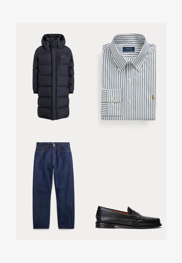 Long manteau d'hiver noir matelassé avec capuche, poches avant, poche poitrine à fermeture éclair verticale et petit logo rouge sur le côté gauche de la poitrine.; Chemise blanche pliée avec des rayures verticales bleu marine, col boutonné et logo Polo Ralph Lauren brodé sur la poitrine.; Jean en denim bleu foncé avec jambes droites, cinq poches, fermeture par bouton et coutures visibles.; Mocassin en cuir noir avec un petit talon et une bride penny, vu de côté sur un fond gris clair.