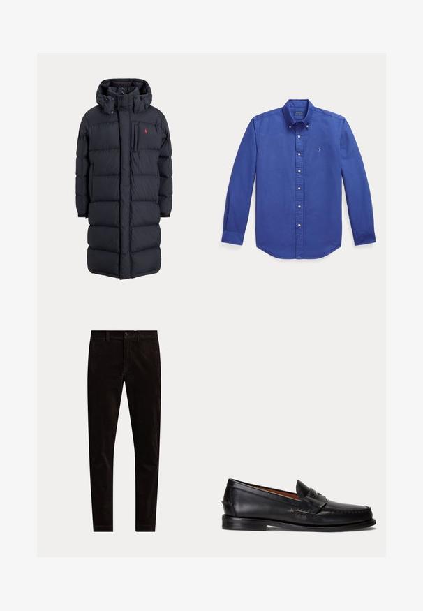 Abrigo de invierno largo negro acolchado con capucha, bolsillos frontales, bolsillo vertical con cremallera en el pecho y pequeño logo rojo en el pecho izquierdo.; Camisa azul de manga larga con botones, cuello abotonado y pequeño logo bordado en el pecho izquierdo.; Pantalones ajustados negros de pana con cierre de botón y cremallera, trabillas para cinturón y diseño frontal liso sobre fondo blanco.; Mocasín negro de cuero con tacón bajo y detalle de correa para moneda, mostrado de lado sobre un fondo gris claro.