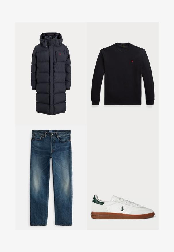 Lange zwarte gewatteerde winterjas met capuchon, voorzakken, verticale ritssluiting op de borstzak en een klein rood logo op de linkerborst.; Zwart katoenen overhemd met lange mouwen en ronde halslijn, met een klein rood logo op de borst. Gladde textuur en slim fit ontwerp.; Indigoblauwe denim jeans met een rechte pijp, vijfzakkenmodel en subtiele vervaging op de dijen. Voorzien van een metalen knoop en ritssluiting.; Witte leren sneaker met groene hielaccent, textuur van suède panel, rubberen zool en geborduurd logo op de zijkant. Voorzien van een vetersluiting.