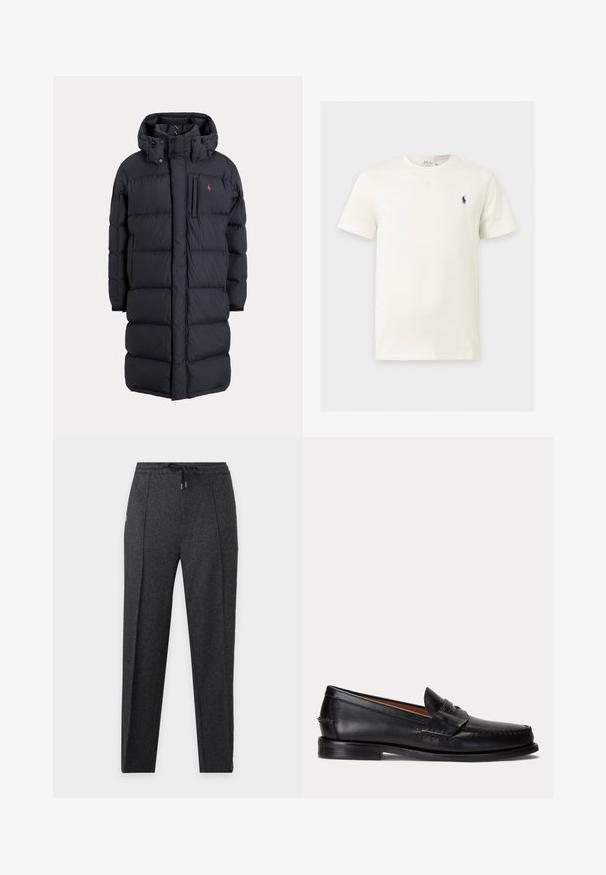 Abrigo de invierno largo negro acolchado con capucha, bolsillos frontales, bolsillo vertical con cremallera en el pecho y pequeño logo rojo en el pecho izquierdo.; Camiseta blanca de manga corta con cuello redondo y pequeño logo oscuro de un caballo y jinete en el pecho izquierdo.; Pantalones de punto gris oscuro, entallados, con cintura elástica y cordón negro, mostrados sobre un fondo claro y liso.; Mocasín negro de cuero con tacón bajo y detalle de correa para moneda, mostrado de lado sobre un fondo gris claro.