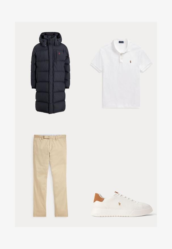 Abrigo de invierno largo negro acolchado con capucha, bolsillos frontales, bolsillo vertical con cremallera en el pecho y pequeño logo rojo en el pecho izquierdo.; Polo blanco de manga corta con cuello, dos botones y pequeño logo bordado de una persona a caballo en el pecho.; Pantalones beige de corte recto con trabillas para cinturón y cremallera frontal, colocados planos sobre un fondo blanco.; Zapatilla blanca de caña baja con lengüeta trasera en color marrón claro, cordones blancos y un pequeño logo bordado de jugador de polo en el lateral sobre una suela gruesa.