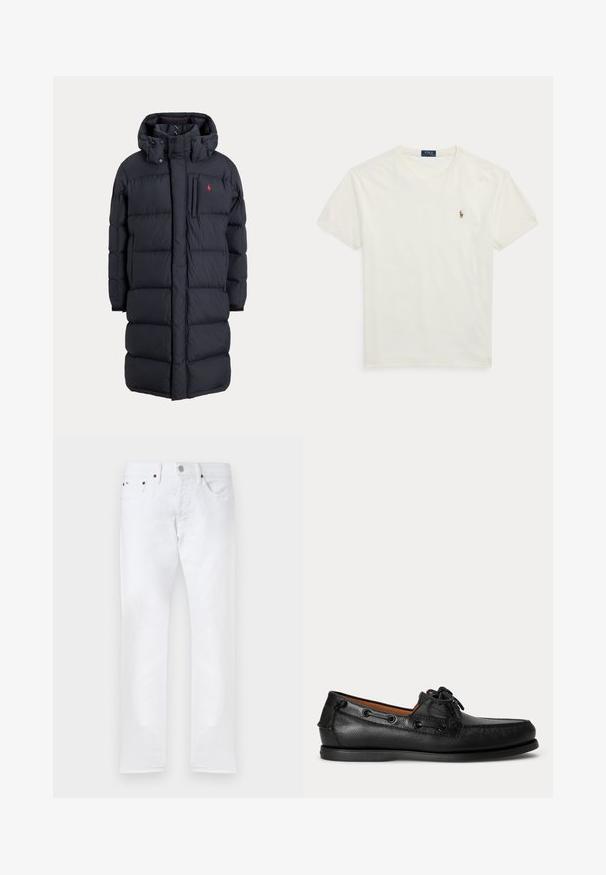 Lange zwarte gewatteerde winterjas met capuchon, voorzakken, verticale ritssluiting op de borstzak en een klein rood logo op de linkerborst.; Witte katoenen T-shirt met korte mouwen en ronde hals, klein geborduurd Polo Ralph Lauren-logo op de linkerborst.; Witte slim-fit jeans met vijf zakken, knoopsluiting en riemlussen, plat gelegd op een witte achtergrond.; Zwarte leren mocassin met veterdetail en lage rubberen zool, zijaanzicht op een eenvoudige lichte achtergrond.