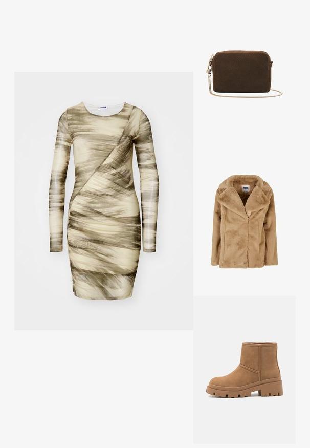 Tan faux fur frakke med bred krave, lange ærmer og en afslappet pasform. Har en blød tekstur og rene linjer. Mærket "Urban Classics."; Langærmet kjole lavet af struktureret stof, med et beige og grønt abstrakt mønster, samt en tætsiddende silhuet med asymmetrisk design.; Brune ruskind ankelstøvle med en chunky, rillet sål og et simpelt design. Højden når op til midten af anklen med en glat finish.; Lille rektangulær mørkebrun ruskind skuldertaske med guldkæde strop og lynlås lukning på hvid baggrund.