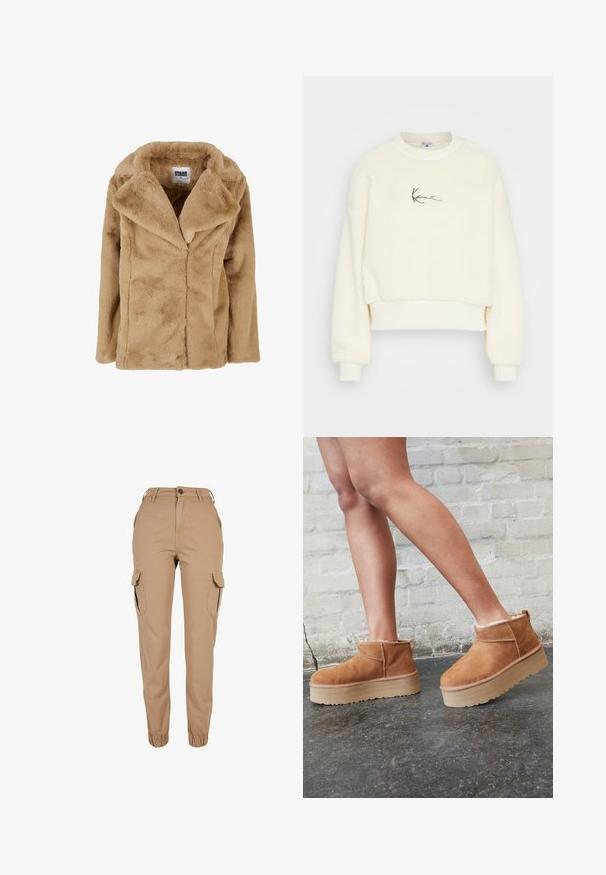 Tan faux fur frakke med bred krave, lange ærmer og en afslappet pasform. Har en blød tekstur og rene linjer. Mærket "Urban Classics."; Beskåret cremet, fyldigt sweater med ribbede manchetter og kant. Har et enkelt sort signaturlogo på forsiden, lavet af blødt materiale.; Beige cargobukser med elastiske manchetter, frontknap- og lynlåslukning, bæltestropper, sidelommer med klap og et slim fit design.; Brune ruskinds ankelsko med en blød foring, tyk beige plattformsål og en bageste løkke. Tekstureret overflade med synlige sømdetaljer.