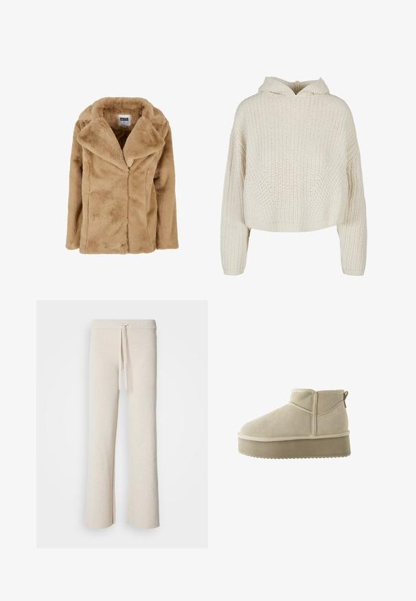 Tan faux fur frakke med bred krave, lange ærmer og en afslappet pasform. Har en blød tekstur og rene linjer. Mærket "Urban Classics."; Cremefarvet strikket hoodie med løs pasform, ribbet kant og oversized ærmer. Har en bred halsudskæring og subtil tekstur hele vejen igennem.; Beige brede bukser lavet af blødt stof, med en elastisk talje og snøre samt sideslidser i kanten.; Beige ruskindsankelstøvle med rund tå og en tyk platformssål. Har en pull tab og syninger langs sømmene.