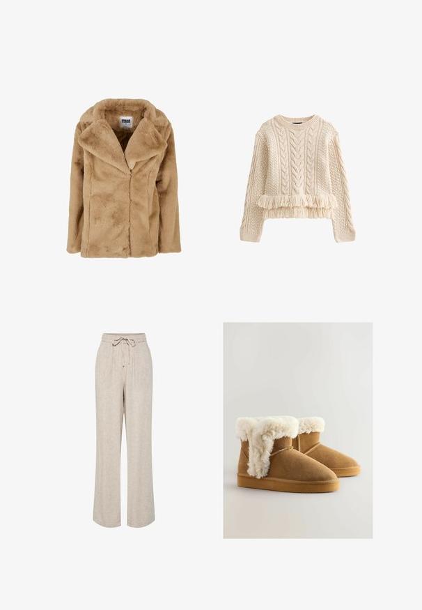 Tan faux fur frakke med bred krave, lange ærmer og en afslappet pasform. Har en blød tekstur og rene linjer. Mærket "Urban Classics."; Cablestrikket sweater i lys beige med en afslappet pasform. Fremhæver teksturerede mønstre og en frynset kant for ekstra detalje.; Beige løstsiddende bukser med vide ben, elastisk talje og bindebånd foran.; Brune ruskinds ankelstøvler med en fluffy, hvid fake fur-kant, rund tå og flad gummisål. Syninger langs siderne.