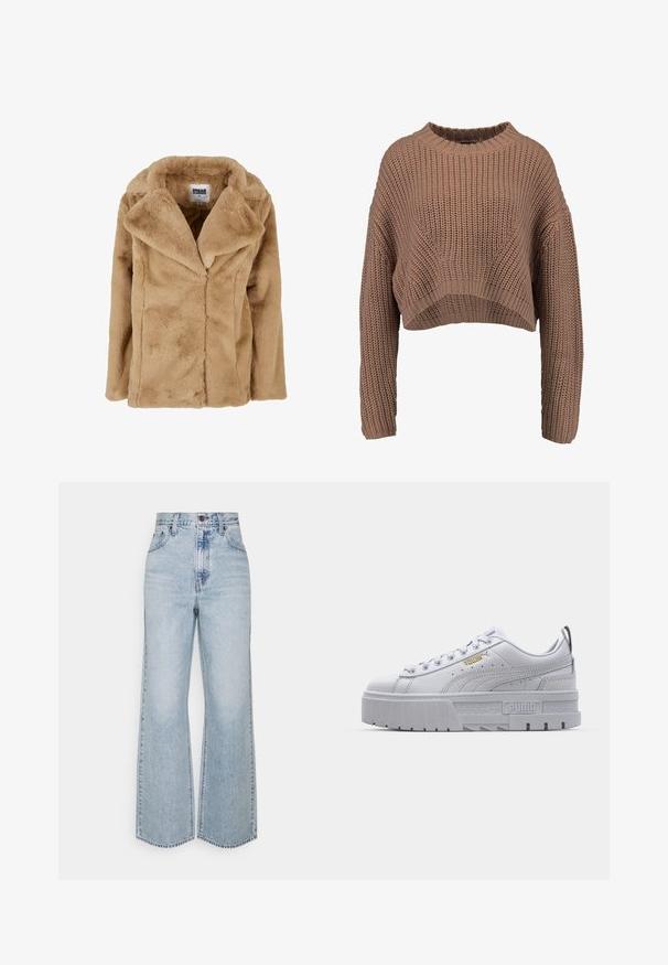 Tan faux fur frakke med bred krave, lange ærmer og en afslappet pasform. Har en blød tekstur og rene linjer. Mærket "Urban Classics."; Brun strikket cropped sweater med ribbet struktur, brede ærmer og rund hals. Blødt, chunky materiale med en afslappet pasform.; Lysblå denim brede ben jeans med høj talje, klassisk fem-lomme design og kontrasterende syninger. Uslebne kanter i bunden.; Hvide platform sneakers med en glat læderoverdel, polstret krave, grå gummisål og gyldne detaljer med Puma-logoet.
