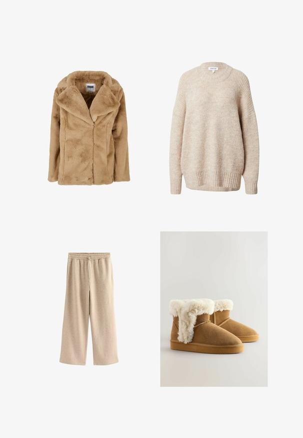 Manteau en fausse fourrure beige avec un large col, des manches longues et une coupe décontractée. Présente une texture douce et des lignes épurées. Étiqueté "Urban Classics".; Pull en tricot beige avec un col rond, des épaules tombantes et des poignets et un ourlet côtelés. Il offre une coupe légèrement ample et texturée.; Pantalons larges de couleur crème en tissu doux en mélange de coton. Ils présentent une taille élastique avec cordon de serrage et une texture subtilement mouchetée.; Bottines en suède marron avec un large bord en fausse fourrure blanche, bout arrondi et semelle en caoutchouc plate. Détails de couture sur les côtés.