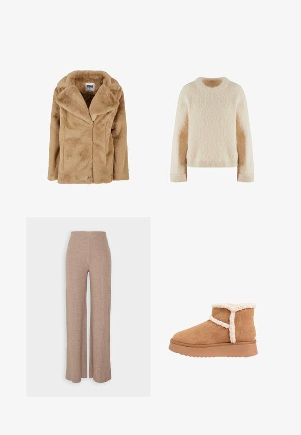 Tan faux fur frakke med bred krave, lange ærmer og en afslappet pasform. Har en blød tekstur og rene linjer. Mærket "Urban Classics."; Cremefarvet strikket sweater med rund halsudskæring, lange ærmer og en blød, struktureret overflade. Ribkanter ved håndleddene og kanten for ekstra struktur.; Beige ribbede vide bukser med høj talje og blød tekstur, der har en løs pasform og ingen synlige lukninger.; Lys brun ankelstøvle med tyk gummisål, blød ruskindsoverdel og hvid fluffy foring omkring kraven og sidesømmene.