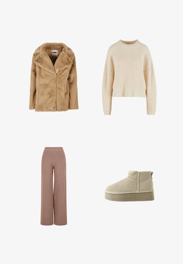 Tan faux fur frakke med bred krave, lange ærmer og en afslappet pasform. Har en blød tekstur og rene linjer. Mærket "Urban Classics."; Cremefarvet strikket sweater med høj ribbet krave, brede ærmer og et struktureret mønster hele vejen igennem. Kropet design med ribbet kant.; Brune, vide strikkede bukser med et tekstureret stof, der har en elastisk talje og en løs pasform for komfort.; Beige ruskindsankelstøvle med rund tå og en tyk platformssål. Har en pull tab og syninger langs sømmene.