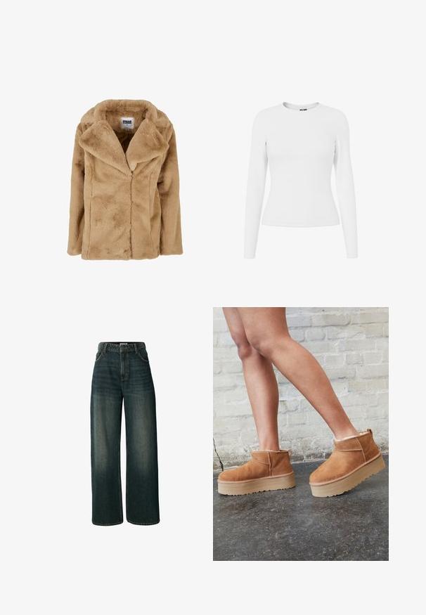 Manteau en fausse fourrure beige avec un large col, des manches longues et une coupe décontractée. Présente une texture douce et des lignes épurées. Étiqueté "Urban Classics".; T-shirt blanc ajusté à manches longues en tissu lisse, doté d'un col rond et de coutures minimales pour un design épuré.; Jean à jambes larges en denim bleu foncé. Caractéristiques : taille haute, poches avant et légère décoloration subtile. Coutures visibles le long des bords.; Bottines en suède marron avec une doublure en peluche, semelle épaisse en beige et une poignée à l'arrière. Surface texturée avec des détails de couture visibles.