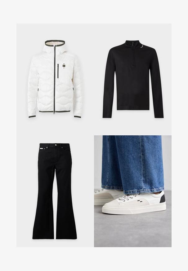 Veste blanche matelassée à capuche avec fermeture éclair noire à l'avant et poches, comprenant une poche poitrine avec un petit patch logo noir et jaune.; Chemise noire à manches longues avec un col à demi-fermeture éclair et un logo blanc incurvé subtil près de l'encolure sur un fond clair uni.; Jean noir taille haute avec jambes évasées, fermeture avant par bouton et zip, poches avant et arrière.; Baskets blanches et noires avec une tige en cuir lisse, des accents texturés et une semelle épaisse blanche. Présentent un design classique à lacets.