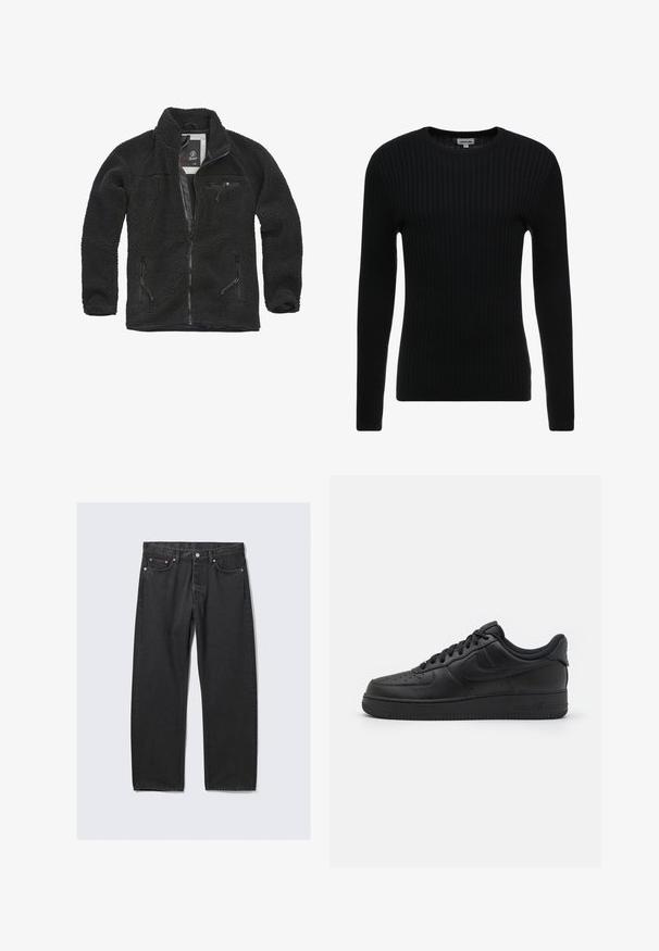 Chaqueta de forro polar negra con cierre frontal y bolsillos laterales con cremallera. Tejido texturizado, cuello alto y bolsillo en el pecho con cremallera. Diseño ligero.; Suéter negro de manga larga con cuello redondo; tejido texturizado que presenta líneas verticales; silueta ajustada; sin adornos o acentos visibles.; Vaqueros negros de pierna recta con estilo de cinco bolsillos y cierre de botón en la cintura, colocados planos sobre un fondo claro.; Nike Sportswear AIR FORCE 1 07 FLYEASE - Zapatillas - black