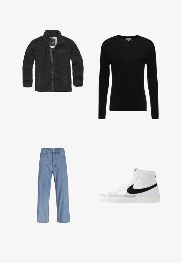 Sort fleecejakke med lynlåsfortil og sidelommer. Struktureret stof, høj krave, og lynlåslomme på brystet. Letvægtsdesign.; Sort ribbet langærmet sweater med rund hals; struktureret stof med lodrette linjer; tætsiddende silhuet; ingen synlige udsmykninger eller detaljer.; Lyseblå denimjeans med en afslappet pasform, der har høj talje, vide ben og fem lomme-design. Stoffet har en blød tekstur.; Hvide høje sneakers med et sort swoosh, struktureret grå tåhætte og flad hvid sål. Har seks snørrehuller og syede detaljer.