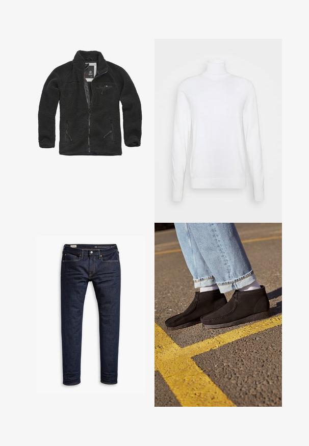 Sort fleecejakke med lynlåsfortil og sidelommer. Struktureret stof, høj krave, og lynlåslomme på brystet. Letvægtsdesign.; Hvid turtleneck sweater med lange ærmer, lavet af glat stof. Har et tætsiddende design og ribbede manchetter og kant. Ingen mønstre eller accenter.; Mørkeblå denimjeans med slim fit, med orange syninger, fem-lomme design og metalhardware. Glat tekstur, ingen mønstre.; Sorte suede ankelstøvler med en glat overflade, buet tå og syede detaljer. Kombination med lyseblå buksere jeans med opfoldede manchetter og hvide sokker.
