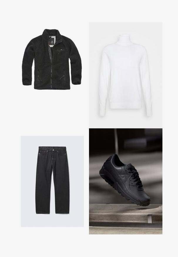 Sort fleecejakke med lynlåsfortil og sidelommer. Struktureret stof, høj krave, og lynlåslomme på brystet. Letvægtsdesign.; Hvid turtleneck sweater med lange ærmer, lavet af glat stof. Har et tætsiddende design og ribbede manchetter og kant. Ingen mønstre eller accenter.; Sorte jeans med lige ben, fem lommer og knaplukning i taljen, lagt fladt på en lys baggrund.; Sorte Nike Air Max-sneakers med en struktureret læderoverdel, gummisål og fremtrædende snøresystem, der viser et slankt, moderne design.