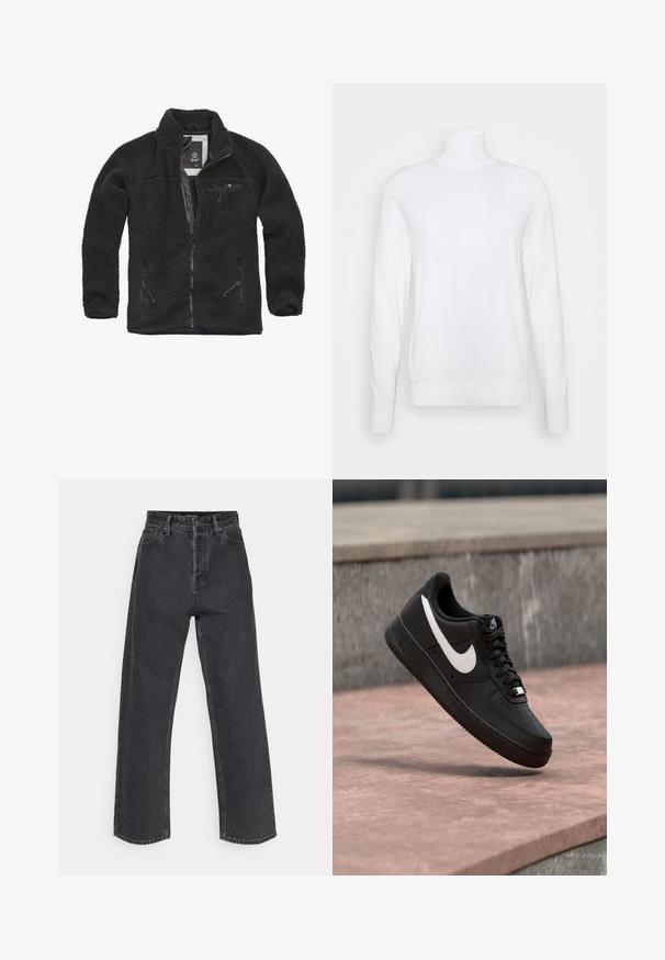 Sort fleecejakke med lynlåsfortil og sidelommer. Struktureret stof, høj krave, og lynlåslomme på brystet. Letvægtsdesign.; Hvid turtleneck sweater med lange ærmer, lavet af glat stof. Har et tætsiddende design og ribbede manchetter og kant. Ingen mønstre eller accenter.; Højlivede, lige ben jeans i mørkegrå denim, med et klassisk femlommers design og kontrastsying på sømmene.; Sort Nike Air Force 1-sneaker med hvid swoosh-logo, svævende over en stenovertflade med en grå tekstureret væg i baggrunden.