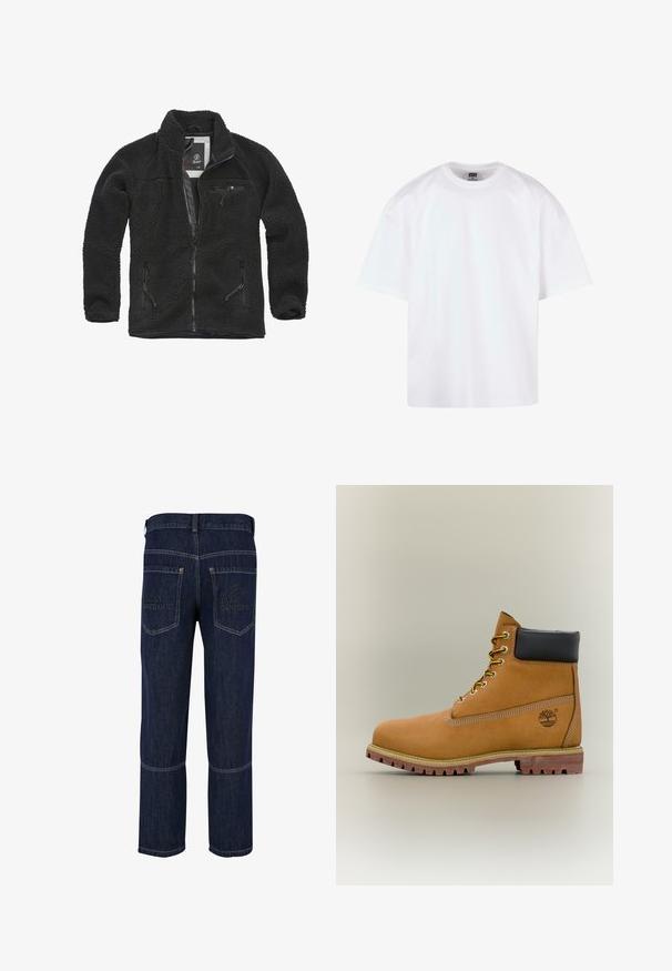 Schwarze Fleecejacke mit durchgehendem Reißverschluss und seitlichen Taschen. Texturierter Stoff, hoher Kragen und aufgesetzte Brusttasche mit Reißverschluss. Leichtes Design.; Weißes T-Shirt mit kurzen Ärmeln und Rundhalsausschnitt, aus Baumwollmaterial, mit lockerem Schnitt und minimalen Nahtdetails.; Dunkelblaue Denim-Jeans mit geradem Bein, ausgestattet mit zwei Gesäßtaschen, die mit "SOUTHPole" geprägt sind. Kontrastnähte entlang der Nähte.; Brauner Leder-Stiefelette mit schwarzem Kragen, gelben Schnürsenkeln und hellbrauner Sohle. Verfügt über ein Logo und weiße Ziernähe. Robuste Profilsohle.