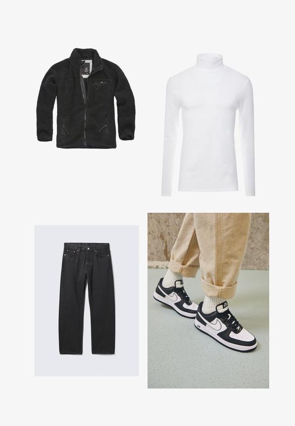 Schwarze Fleecejacke mit durchgehendem Reißverschluss und seitlichen Taschen. Texturierter Stoff, hoher Kragen und aufgesetzte Brusttasche mit Reißverschluss. Leichtes Design.; Weißes Langarm-Turtleneck-Shirt aus weichem, dehnbarem Stoff. Verfügt über einen hohen Kragen und eine figurbetonte Passform, die eine schlanke Silhouette bietet.; Schwarze Jeans mit geradem Bein, fünf Taschen und Knopfverschluss an der Taille, flach auf hellem Hintergrund liegend.; Schwarz-weiße Nike Air Force 1 Sneaker mit einem Obermaterial aus Leder, perforierter Zehenpartie und strukturiertem Sohlendesign, getragen mit aufgerollten beigen Hosen und weißen Socken.
