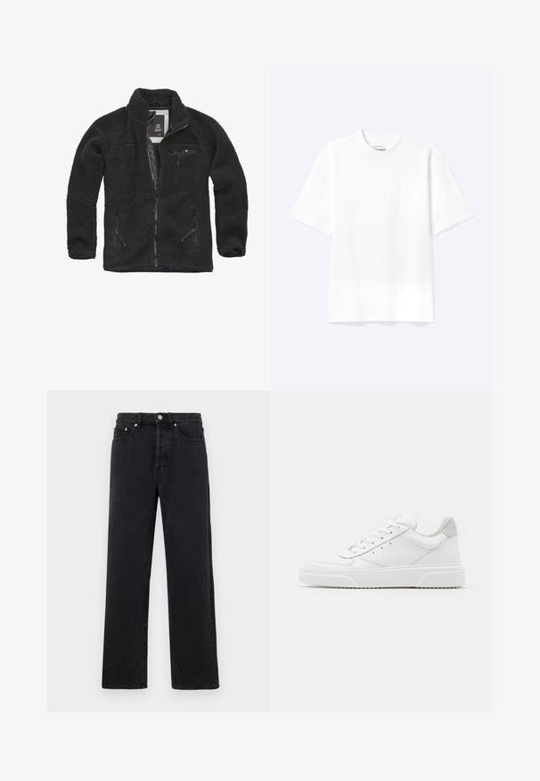Schwarze Fleecejacke mit durchgehendem Reißverschluss und seitlichen Taschen. Texturierter Stoff, hoher Kragen und aufgesetzte Brusttasche mit Reißverschluss. Leichtes Design.; Schlichtes weißes T-Shirt mit kurzen Ärmeln und Rundhalsausschnitt in entspannter Passform, auf hellem Hintergrund dargestellt.; Schwarze Jeans mit geradem Bein und hohem Bund, fünf Taschen und Metallknopfverschluss. Der Stoff hat eine glatte Textur und einen leichten Glanz.; Weiße Leder-Sneaker mit glatter Oberfläche, rundem Zehenbereich, flachen Schnürsenkeln und strukturiertem Schuhsohlen. Graues Wildleder-Detail an der Ferse.