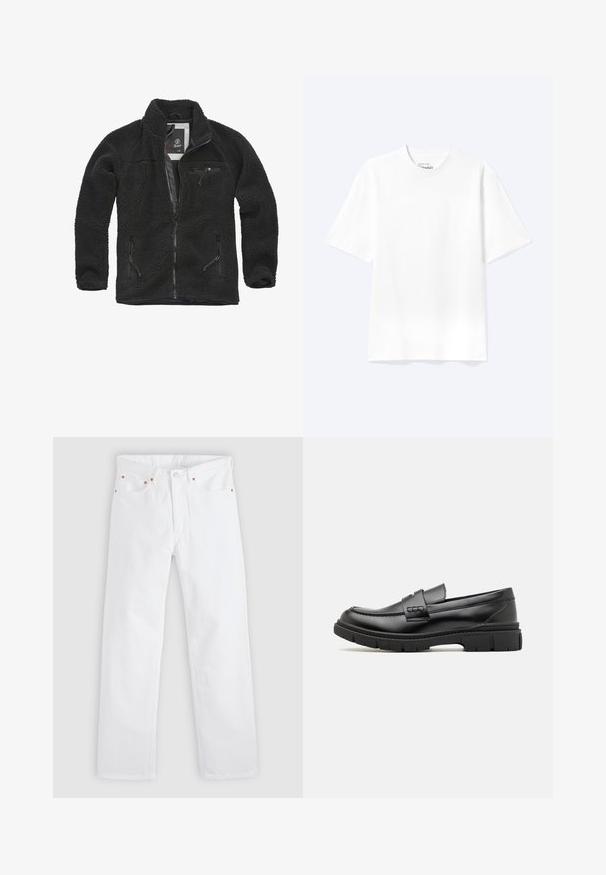 Schwarze Fleecejacke mit durchgehendem Reißverschluss und seitlichen Taschen. Texturierter Stoff, hoher Kragen und aufgesetzte Brusttasche mit Reißverschluss. Leichtes Design.; Schlichtes weißes T-Shirt mit kurzen Ärmeln und Rundhalsausschnitt in entspannter Passform, auf hellem Hintergrund dargestellt.; Weiße Jeans mit geradem Bein, Fünf-Taschen-Design, Knopf- und Reißverschlussverschluss sowie Kupfernieten-Details an den Taschen.; Schwarze Lederloafer mit einem breiten Riemen über dem Rist, Gummisohle mit dicken Profilen und glatter Textur. Klassisches, schlankes Design.