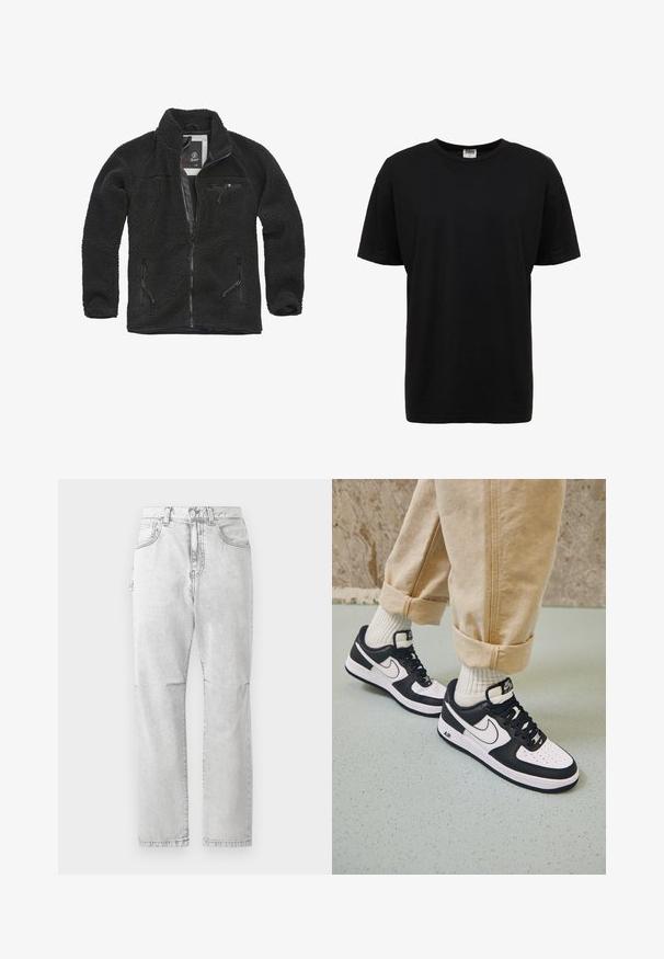 Schwarze Fleecejacke mit durchgehendem Reißverschluss und seitlichen Taschen. Texturierter Stoff, hoher Kragen und aufgesetzte Brusttasche mit Reißverschluss. Leichtes Design.; Schwarzes Baumwoll-T-Shirt mit Rundhalsausschnitt, kurzen Ärmeln, normaler Passform, glatter Textur und ohne sichtbare Muster oder Akzente.; Hellgraue Jeans mit geradem Bein, vorderen Taschen, Knopfverschluss und dezenten Ausbleichungen, vor weißem Hintergrund präsentiert.; Schwarz-weiße Nike Air Force 1 Sneaker mit einem Obermaterial aus Leder, perforierter Zehenpartie und strukturiertem Sohlendesign, getragen mit aufgerollten beigen Hosen und weißen Socken.