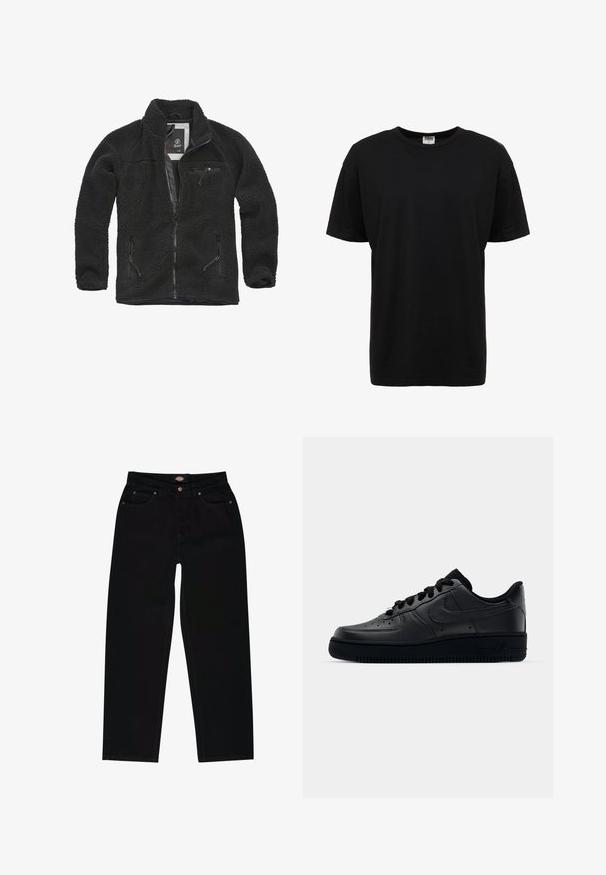 Sort fleecejakke med lynlåsfortil og sidelommer. Struktureret stof, høj krave, og lynlåslomme på brystet. Letvægtsdesign.; Sort bomulds t-shirt med rund hals, korte ærmer, standard pasform, glat tekstur og ingen synlige mønstre eller detaljer.; Sorte denim jeans med lige pasform, der har fem lommer, brun syning og lynlåslukning. Glat tekstur og holdbart materiale.; Sort Nike Air Force 1 sneaker med en glat læderoverdel, perforeret tå for åndbarhed, sorte snørebånd og en textured gummisål.