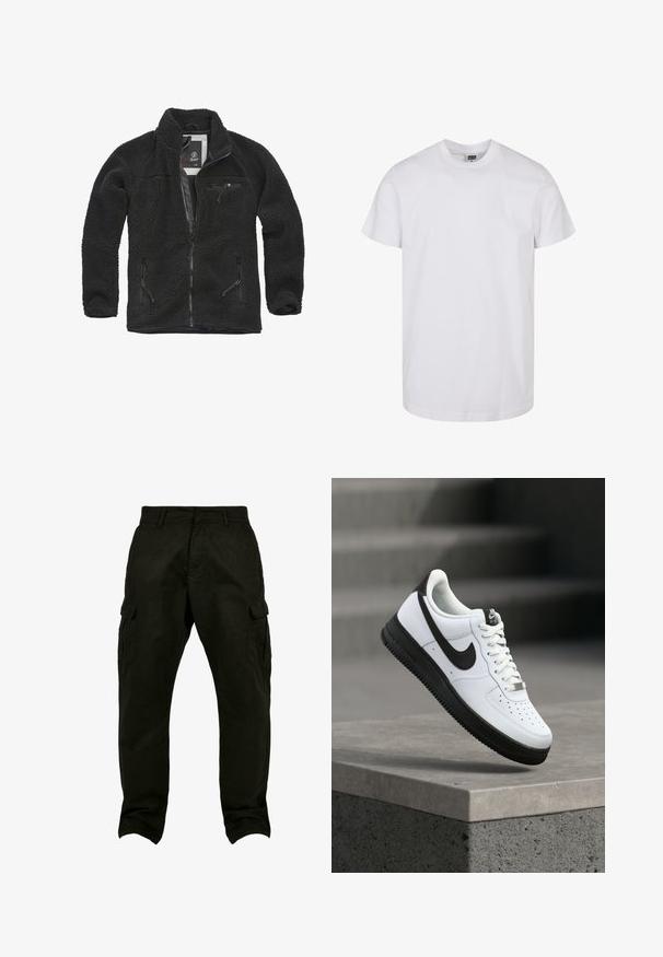 Veste en polaire noire avec zip à l'avant et poches latérales. Tissu texturé, col montant et poche poitrine zippée. Design léger.; T-shirt en coton blanc à manches courtes, col rond et ourlet droit. Texture lisse, sans motifs ni graphismes, étiqueté "Urban Classic".; Pantalons cargo en coton noir avec une coupe décontractée, dotés de poches latérales, de passants de ceinture et de jambes droites. Tissu texturé et couture renforcée.; Baskets en cuir blanc avec accents noirs, bout arrondi et détails perforés. Semelle en caoutchouc noire avec motif texturé et fermeture à lacets.