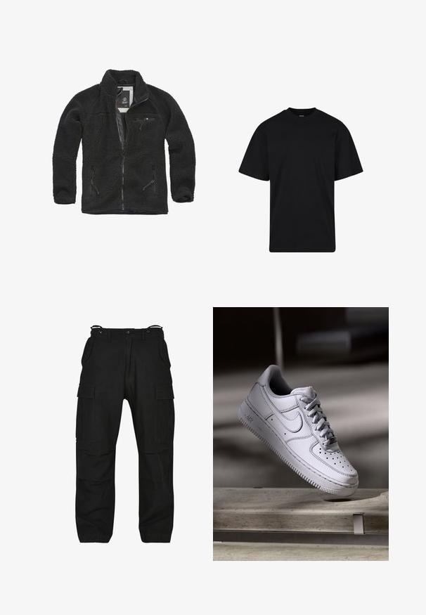 Veste en polaire noire avec zip à l'avant et poches latérales. Tissu texturé, col montant et poche poitrine zippée. Design léger.; T-shirt noir à manches courtes avec col rond, coupe décontractée, design simple sans logos ni motifs visibles.; Pantalons cargo noirs en tissu résistant. Comprend plusieurs poches, une coupe décontractée et une fermeture éclair avec bouton. Couture renforcée sur les coutures.; La basket Nike Air Force 1 en cuir blanc présente un embout perforé, des lacets plats et une semelle en caoutchouc texturée avec le logo « AIR » sur le côté.
