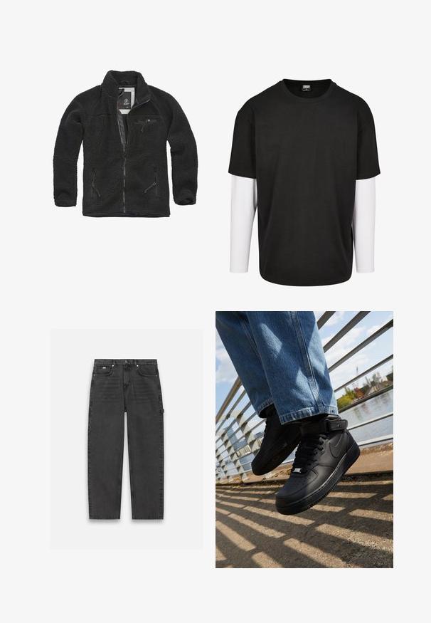 Sort fleecejakke med lynlåsfortil og sidelommer. Struktureret stof, høj krave, og lynlåslomme på brystet. Letvægtsdesign.; Sort kortærmet t-shirt med et hvidt langærmet lag under. Lavet af bomuld med rund halsudskæring og afslappet pasform.; Mørkegrå denim bukser med lige ben design, fem-lomme stil og en synlig knap- og lynlåslukning. Har minimal detaljer.; Sorte Nike Air Force 1 sneakers med læderoverdel, mesh-tunge og gummisål, der har et høj-top design og tykke snørebånd.