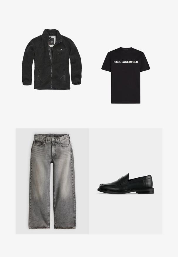 Zwarte fleecjas met ritssluiting aan de voorkant en zijzakken. Textuurstof, hoge kraag en ritssluiting op de borstzak. Lichtgewicht ontwerp.; Zwarte katoenen t-shirt met korte mouwen, met een witte "KARL LAGERFELD" logo op de borst in vette, hoofdletters. Standaard pasvorm.; Wijde jeans van zwart gewassen denim, met een hoge taille, vijf zakken en subtiele stiksel details langs de naden.; Zwarte leren heren penny loafer met lage gestapelde hak en afgeronde neus, zijaanzicht op lichte grijze achtergrond.