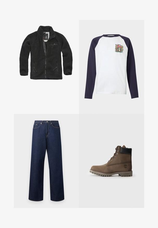 Schwarze Fleecejacke mit durchgehendem Reißverschluss und seitlichen Taschen. Texturierter Stoff, hoher Kragen und aufgesetzte Brusttasche mit Reißverschluss. Leichtes Design.; Langärmliges T-Shirt mit einem weißen Körper und marineblauen Raglanärmeln. Mit einem bunten Pilz-Graphic auf der linken Brust. Aus Baumwollmaterial.; Dunkelblaue weite Denim-Jeans mit fünf Taschen, Knopfverschluss und kontrastierender Naht, präsentiert vor einem einfachen hellen Hintergrund.; Braune Leder-Stiefelette mit schwarzem Kragen, Metallösen und robustem grauen Sohlen. Verfügt über ein Logo an der Seite und genähten Details.