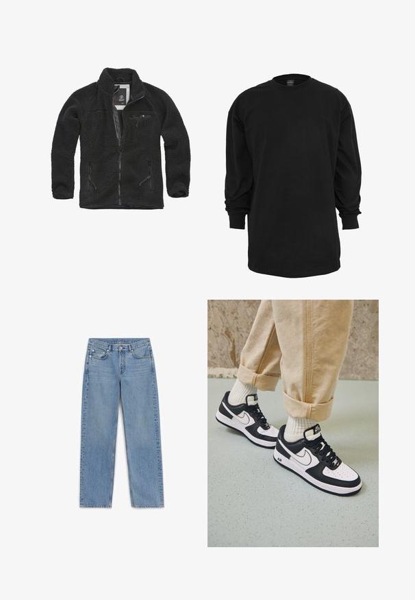 Veste en polaire noire avec zip à l'avant et poches latérales. Tissu texturé, col montant et poche poitrine zippée. Design léger.; T-shirt noir à manches longues en coton. Doté d'un col rond et d'une coupe régulière. Textile lisse sans motifs ni accents visibles.; Jeans en denim bleu clair avec une coupe droite, cinq poches et un délavage subtil. Comprend un bouton-pression et des détails de couture le long des coutures.; Baskets Nike Air Force 1 en noir et blanc avec un dessus en cuir, orteil perforé et détail de semelle texturée, portées avec un pantalon beige retroussé et des chaussettes blanches.