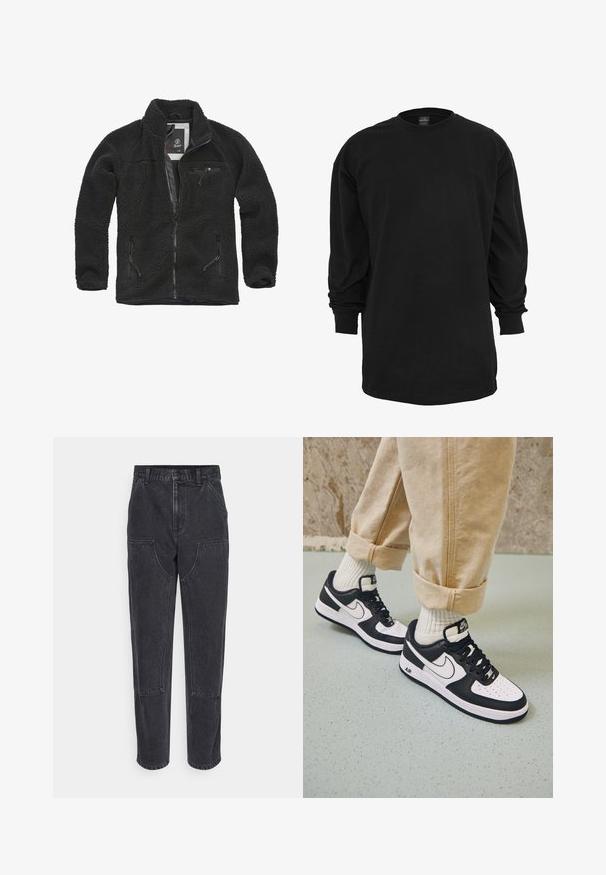 Chaqueta de forro polar negra con cierre frontal y bolsillos laterales con cremallera. Tejido texturizado, cuello alto y bolsillo en el pecho con cremallera. Diseño ligero.; Camiseta de manga larga negra hecha de algodón. Cuenta con un cuello redondo y un corte regular. Textura suave sin patrones ni acentos visibles.; Jeans de mezclilla negra con cintura alta, corte recto y grandes bolsillos frontales. Presentan costuras en contraste y sin logotipos visibles.; Zapatillas Nike Air Force 1 en blanco y negro con parte superior de cuero, puntera perforada y detalle de suela texturizada, combinadas con pantalones beiges remangados y calcetines blancos.