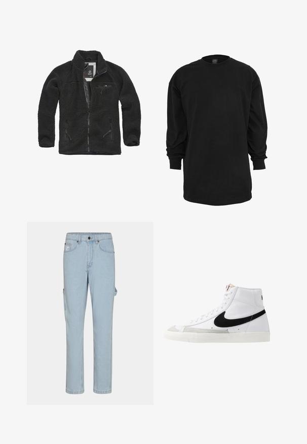 Schwarze Fleecejacke mit durchgehendem Reißverschluss und seitlichen Taschen. Texturierter Stoff, hoher Kragen und aufgesetzte Brusttasche mit Reißverschluss. Leichtes Design.; Langärmliges schwarzes T-Shirt aus Baumwolle. Hat einen runden Ausschnitt und eine normale Passform. Glatte Textur ohne sichtbare Muster oder Akzente.; Helle blaue Jeans-Cargohosen mit geradem Bein, ausgestattet mit Seitentaschen und einem klassischen Knopf- und Reißverschluss.; Weiße High-Top-Sneaker mit einem schwarzen Swoosh, strukturiertem grauen Zehenkappeneinsatz und flacher weißer Sohle. Verfügt über sechs Ösen und genähte Akzente.