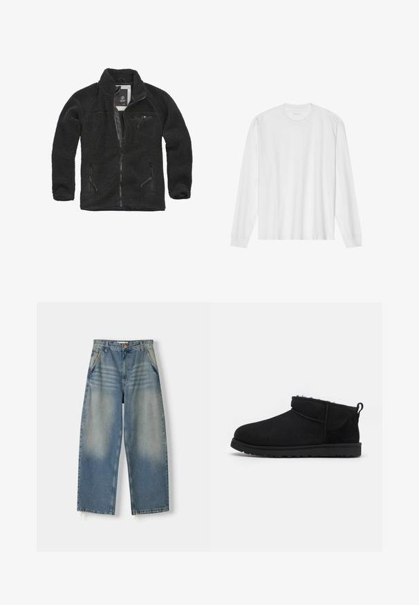 Sort fleecejakke med lynlåsfortil og sidelommer. Struktureret stof, høj krave, og lynlåslomme på brystet. Letvægtsdesign.; Hvid, langærmet t-shirt i bomuld med rund hals, med ribbede ærmeafslutninger og en lige kant, glat tekstur og minimalistisk design.; Lyseblå denim wide-leg jeans med en falmet finish, fem-lomme design og rå kant. Har en frontknap og lynlås lukning.; Sorte ruskind ankelstøvler med en blød, tekstureret foring, lavprofilgummi sål og en løkke bagpå for nem påtagning.
