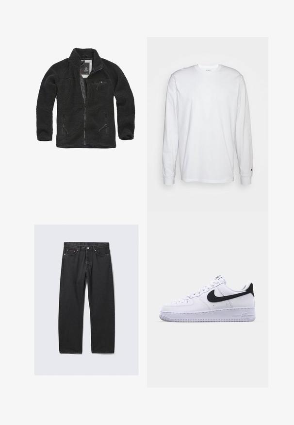 Schwarze Fleecejacke mit durchgehendem Reißverschluss und seitlichen Taschen. Texturierter Stoff, hoher Kragen und aufgesetzte Brusttasche mit Reißverschluss. Leichtes Design.; Weißes Langarm-T-Shirt aus Baumwolle. Rundhals-Design mit gerippten Bündchen und kleinem Logo auf dem linken Ärmel. Glatte Textur.; Schwarze Jeans mit geradem Bein, fünf Taschen und Knopfverschluss an der Taille, flach auf hellem Hintergrund liegend.; Weißes Leder-Sneaker mit einem strukturierten schwarzen Swoosh, flachen Schnürsenkeln und einer Gummisohle mit genoppetem Muster. "AIR" ist auf der Ferse eingeprägt.