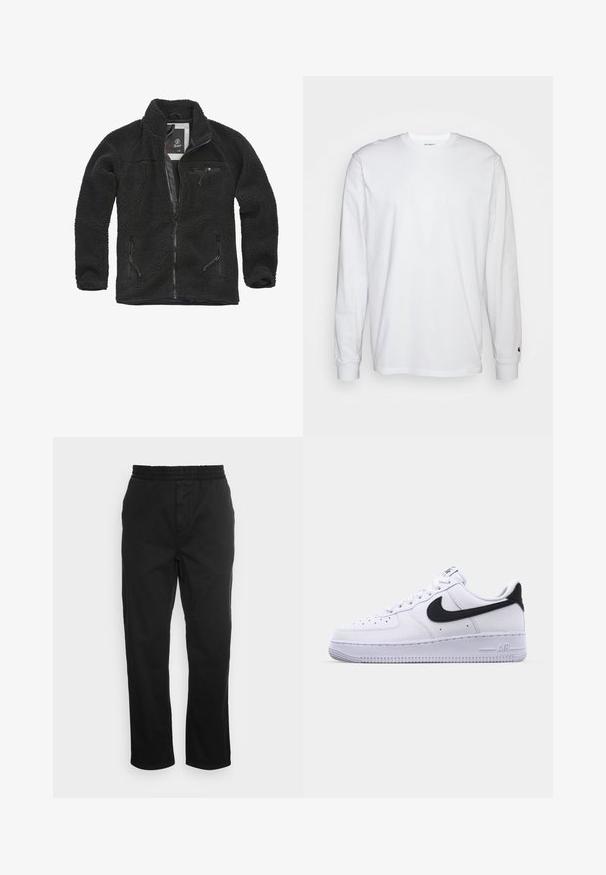 Schwarze Fleecejacke mit durchgehendem Reißverschluss und seitlichen Taschen. Texturierter Stoff, hoher Kragen und aufgesetzte Brusttasche mit Reißverschluss. Leichtes Design.; Weißes Langarm-T-Shirt aus Baumwolle. Rundhals-Design mit gerippten Bündchen und kleinem Logo auf dem linken Ärmel. Glatte Textur.; Schwarze Baumwollhose mit elastischem Bund, geraden Beinen und seitlichen Taschen. Glatte Textur ohne Muster oder Akzente.; Weißes Leder-Sneaker mit einem strukturierten schwarzen Swoosh, flachen Schnürsenkeln und einer Gummisohle mit genoppetem Muster. "AIR" ist auf der Ferse eingeprägt.