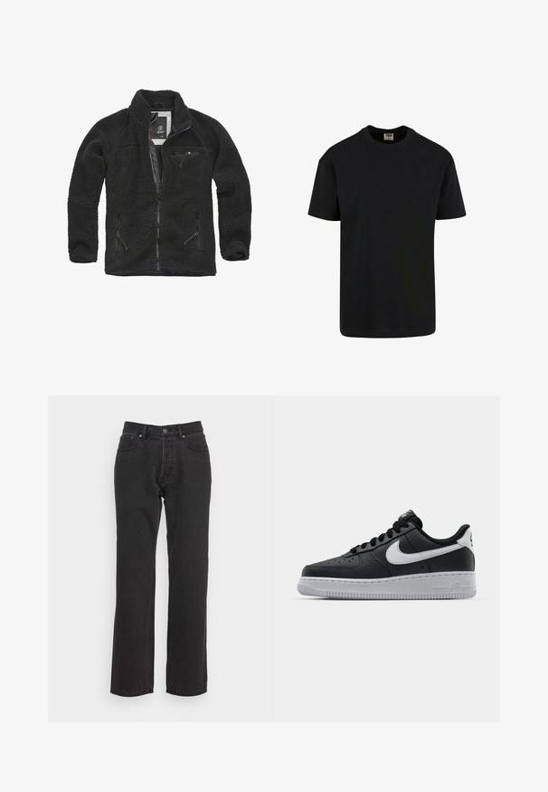 Schwarze Fleecejacke mit durchgehendem Reißverschluss und seitlichen Taschen. Texturierter Stoff, hoher Kragen und aufgesetzte Brusttasche mit Reißverschluss. Leichtes Design.; Urban Classics SHORTSLEEVE - T-Shirt basic - black; Schwarze Jeans aus Denim mit geradem Bein, ausgestattet mit einem vorderen Knopfverschluss, Gürtelschlaufen und zwei Seitentaschen. Strukturiertes Material.; Schwarze Ledersneaker mit strukturierten Oberflächen, weißem Nike-Swoosh, grauer Sohle, runder Zehenpartie und Schnürdesign. Verfügt über Perforationen an der Zehenbox.