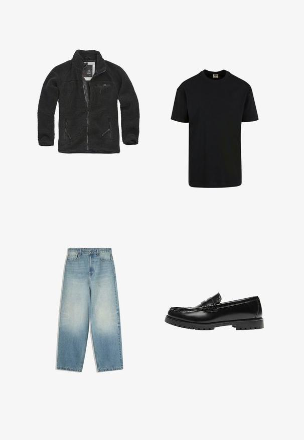 Veste en polaire noire avec zip à l'avant et poches latérales. Tissu texturé, col montant et poche poitrine zippée. Design léger.; Urban Classics SHORTSLEEVE - T-shirt basique - black; Jean denim bleu clair à jambes larges avec poches avant, fermeture par bouton, et effet délavé sur les cuisses et les genoux.; Mocassin en cuir noir avec une semelle en caoutchouc épaisse et un détail classique de bride à monnaie, vu de côté extérieur.