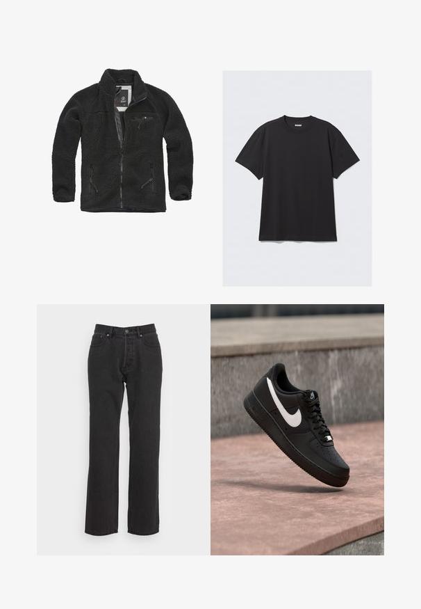 Schwarze Fleecejacke mit durchgehendem Reißverschluss und seitlichen Taschen. Texturierter Stoff, hoher Kragen und aufgesetzte Brusttasche mit Reißverschluss. Leichtes Design.; Schwarzes T-Shirt mit kurzen Ärmeln aus Baumwolle. Hat einen Rundhalsausschnitt und eine lockere Passform. Einfaches Design ohne sichtbare Muster oder Akzente.; Schwarze Jeans aus Denim mit geradem Bein, ausgestattet mit einem vorderen Knopfverschluss, Gürtelschlaufen und zwei Seitentaschen. Strukturiertes Material.; Schwarzer Nike Air Force 1 Sneaker mit weißem Swoosh-Logo, der über einer Steinformation schwebt, vor einem grauen strukturierten Hintergrund.