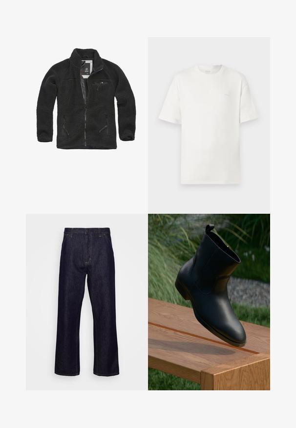 Sort fleecejakke med lynlåsfortil og sidelommer. Struktureret stof, høj krave, og lynlåslomme på brystet. Letvægtsdesign.; Hvid bomulds t-shirt med en afslappet pasform, rund halsudskæring, korte ærmer og et diskret logo på brystet. Glat tekstur, minimalistisk design.; Mørkeblå lige ben denim jeans med forlommer, bæltestropper, lynlås og knaplukning, præsenteret foran en simpel hvid baggrund.; Sort læder ankelstøvle med lynlås, placeret i den ene ende af en poleret træbænk udendørs med græs og sten i baggrunden.